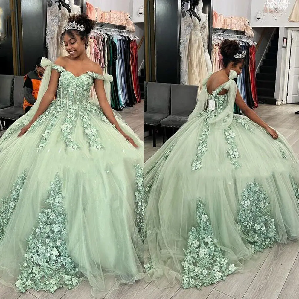 

Green Black Girls Quinceanera Dresses Cape Sleeve 2022 Ball Gown Florals Prom Dress Sweet 15 Birthday Dress For Women Party