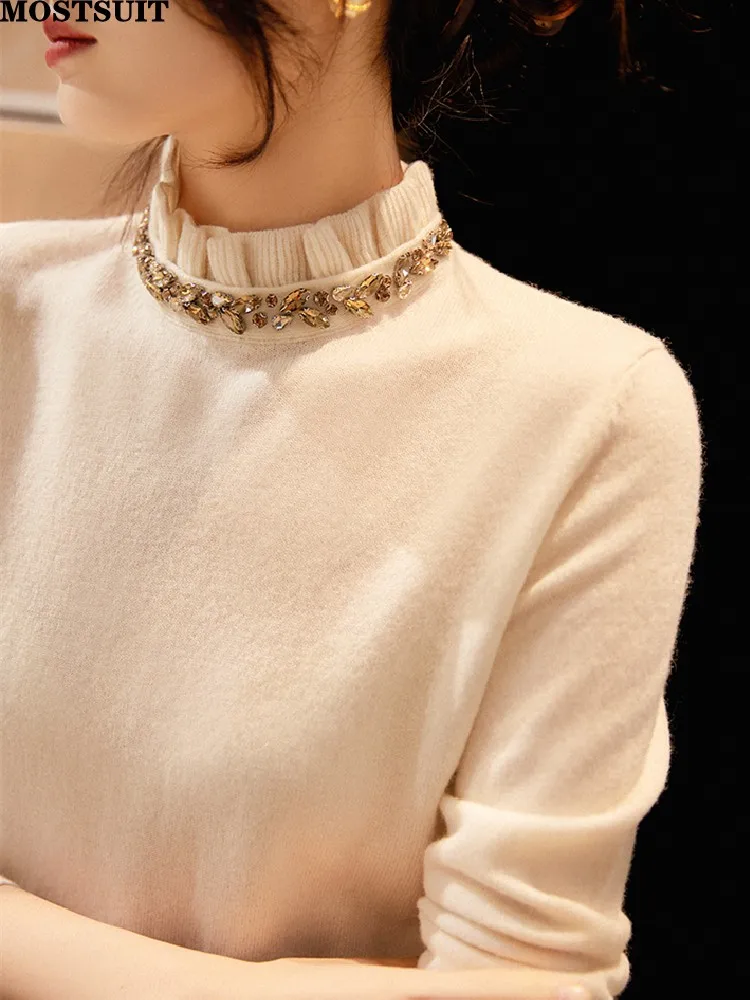 

Diamonds Beaded Sweater Knitwear Women 2023 Spring Long Sleeve Half High Collar Pullover Solid Elegant All Match Ladies Jumpers