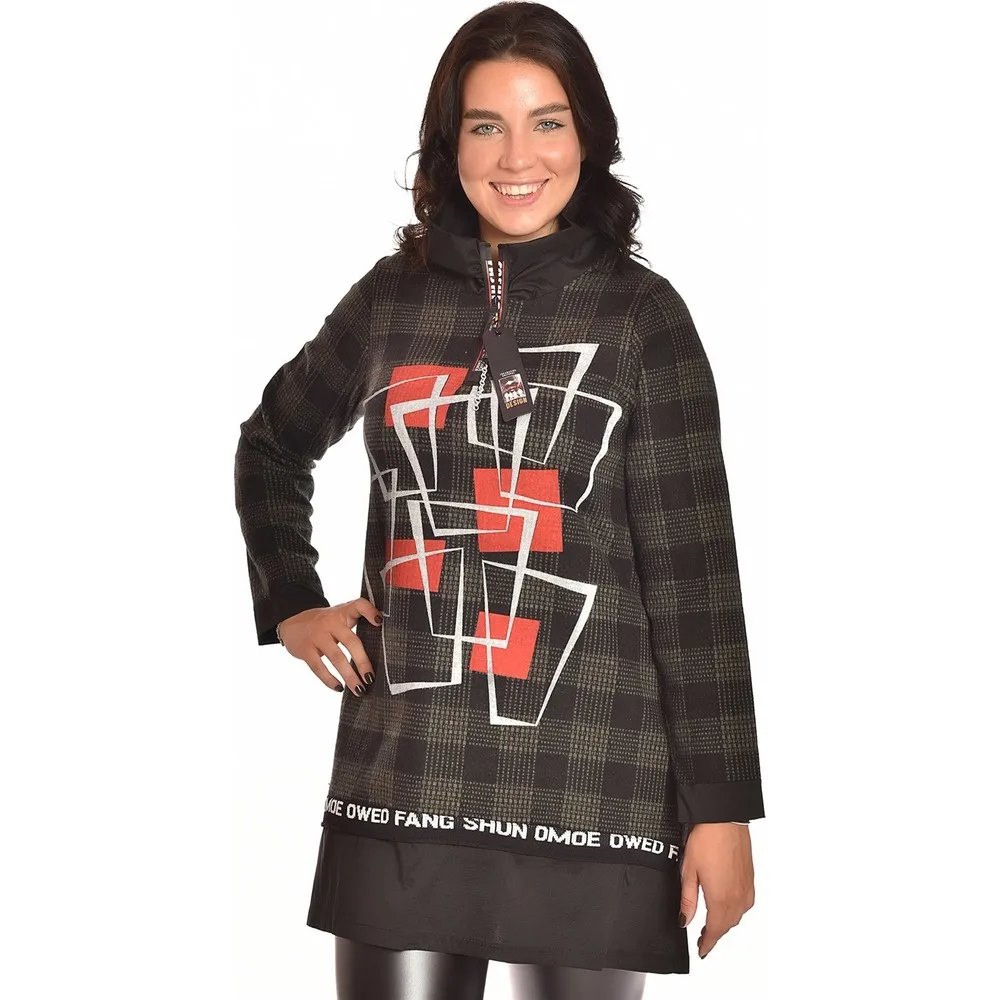 

Зеленая туника в клетку с принтом спереди, на молнии, большого размера