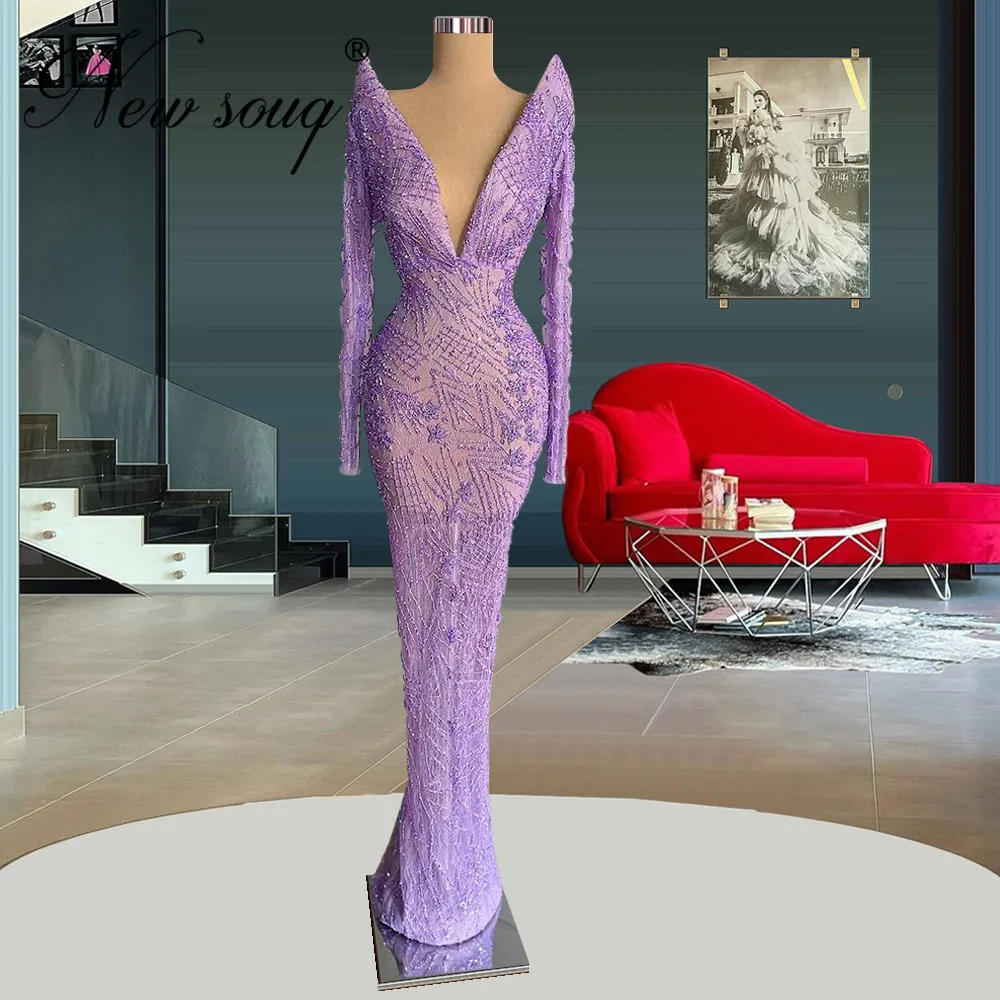 

2022 Purple Long Sleeves Evening Dresses Dubai Design Beading Crystals Prom Dresses Celebrity Party Dress For Weddings Customize