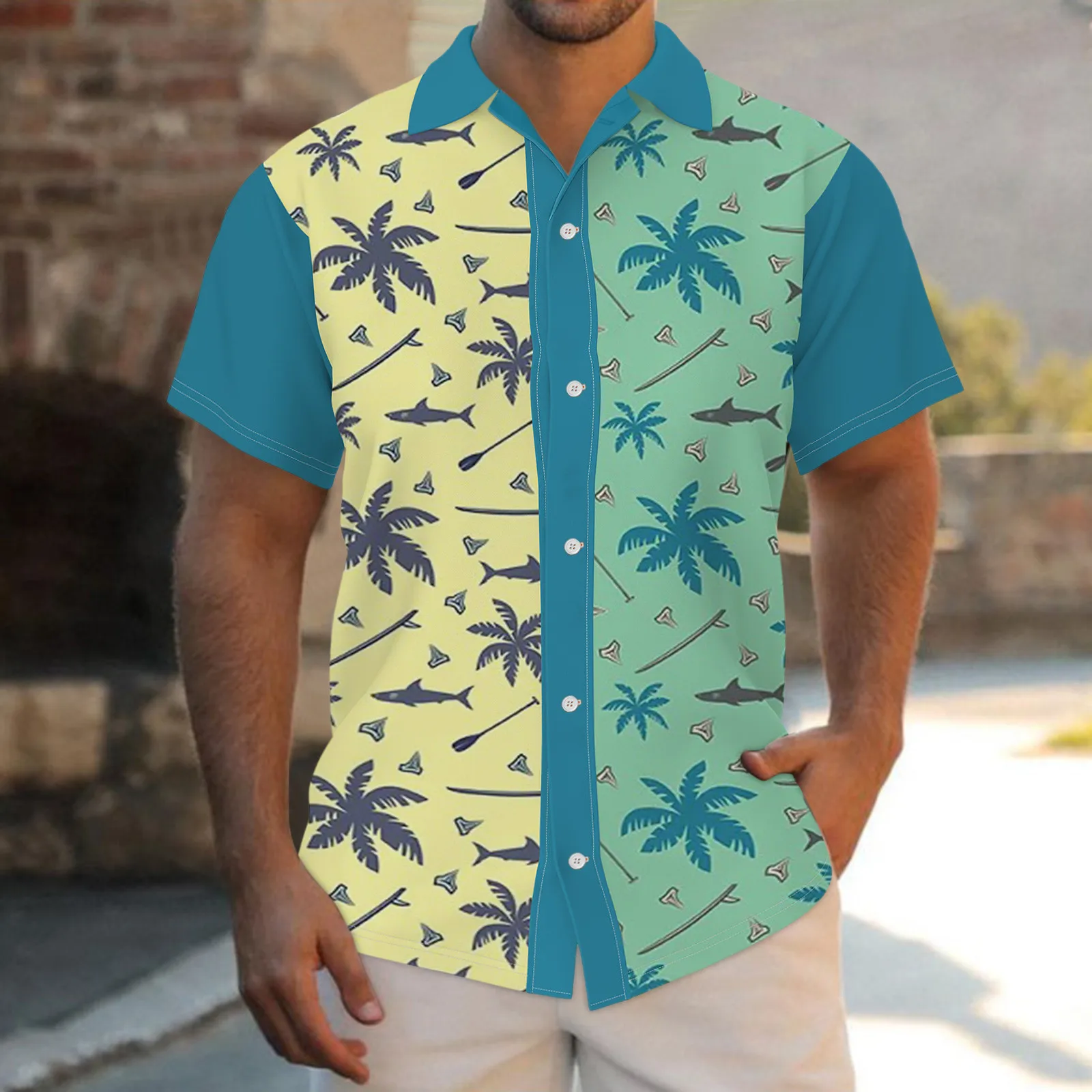 

Мужская приталенная рубашка с отложным воротником, коротким рукавом и желтыми рукавами