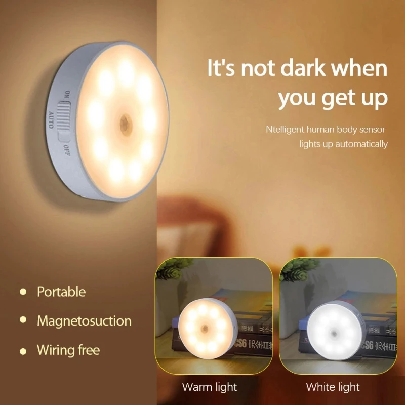 

USB Rechargeable Night Light Round Under Cabinet Motion Sensor Closet Light for Kitchen Bedroom Lighting Wireless Wall Lamp