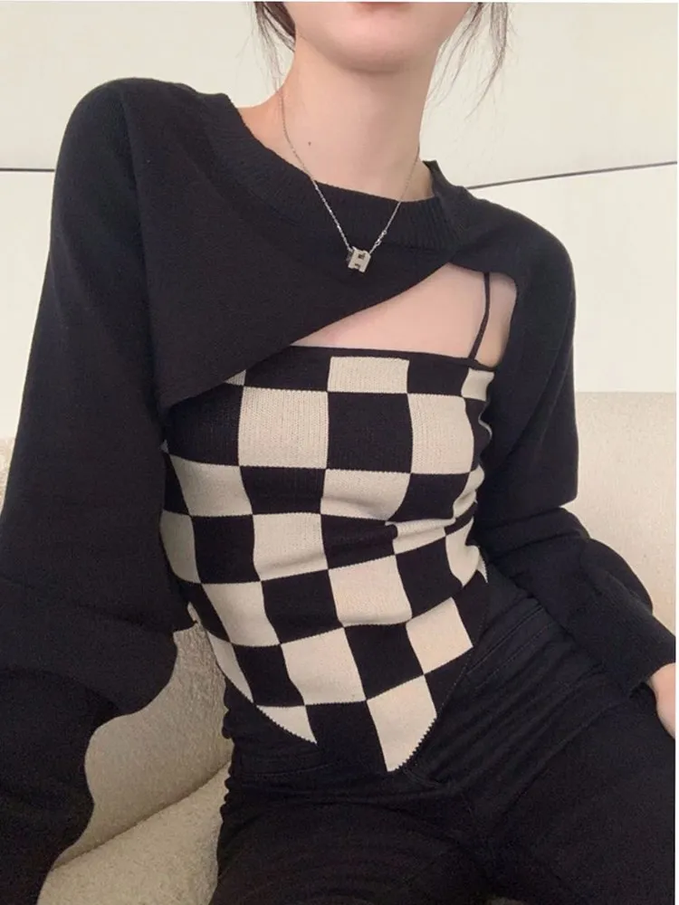 

Винтажная уличная одежда, асимметричный шахматный комплект из двух предметов, повседневный крой, майка, футболка с длинным рукавом, Модный женский топ