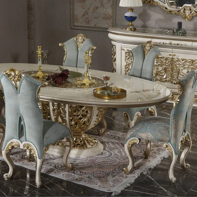 

Custom European luxury solid wood dining tables and chairs log carving art French court style restaurant furniture