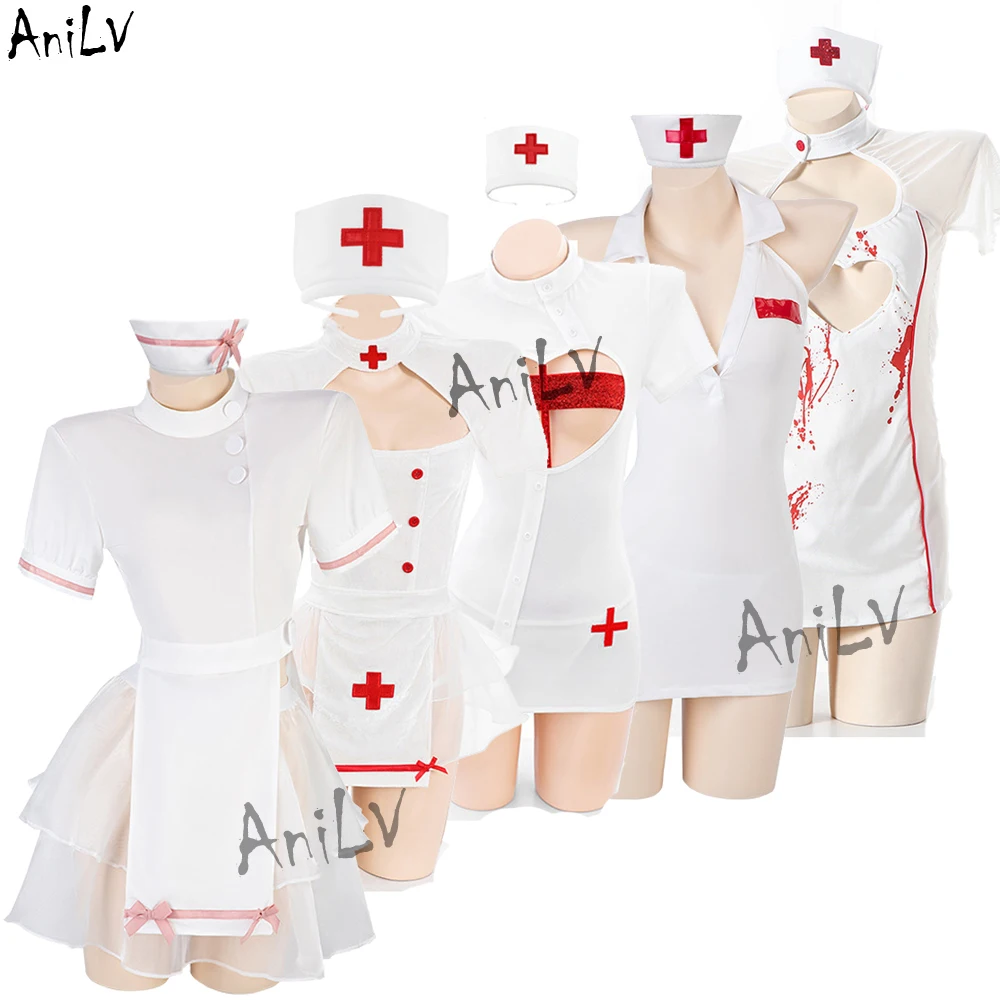 

AniLV New Nurse Series Uniform Cosplay Women Sweet Love Heart Hollow Dress Outfits Set Halloween Carnival Costumes