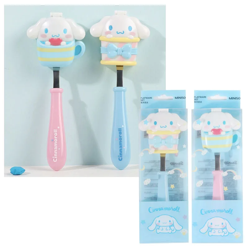 

Sanrioed Anime Figure Cute Cinnamoroll Convenient with Cover Spoon Fork Cartoon Kawaii Portable Tableware Suit Children Gifts