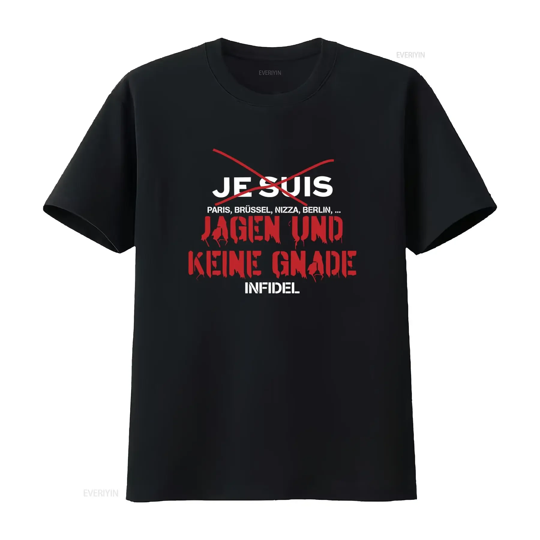 Фото Футболка Hunting and No Mercy Infidel Je Suis Against Terrorists 19964 Paris Brüssel Nizza Berlin Design, винтажный дизайн, унисекс, с эффектом потертости №1