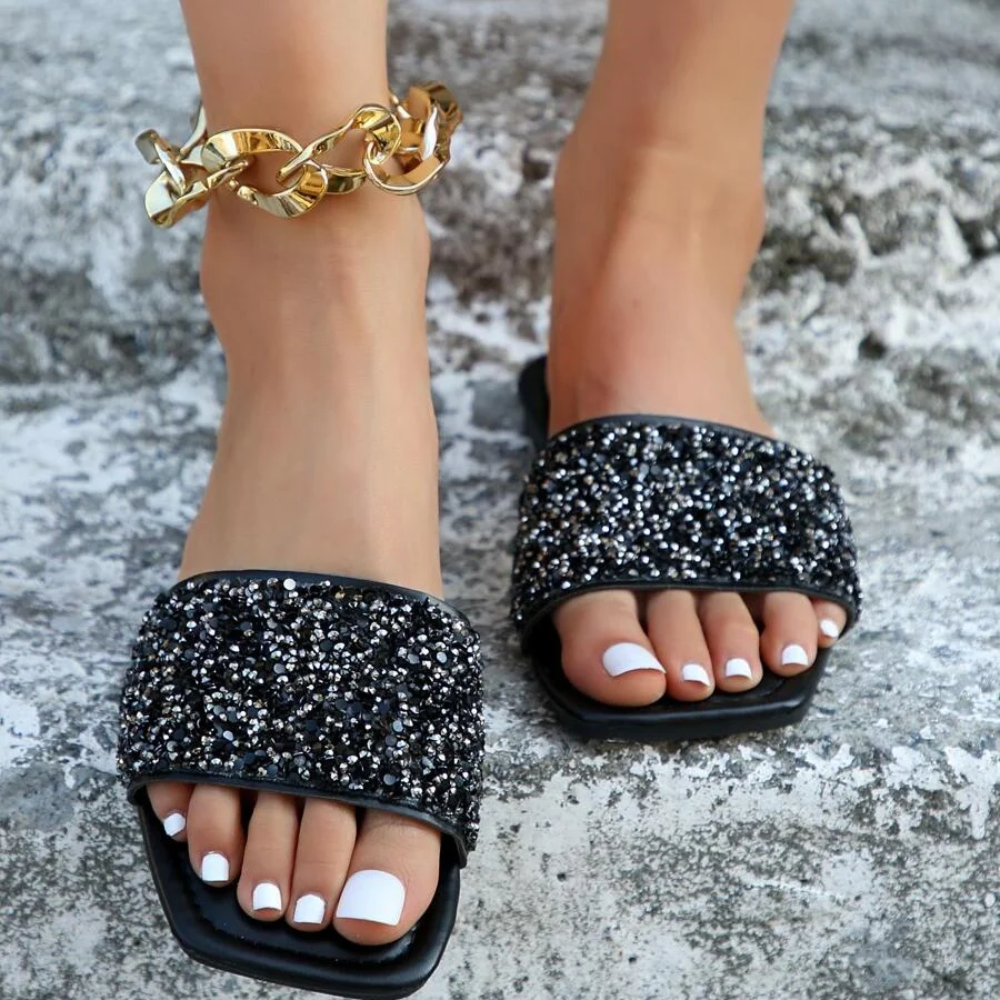 Women's Sequin Glamorous Single Band Sandals Rhinestone Decor Bling Flats Slides Outdoor Fashion Summer Sexy Beach Casual Shoes