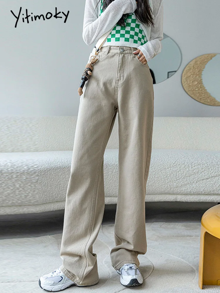 

Женские джинсы Yitimoky, свободные прямые широкие брюки с высокой талией, зеленые модные повседневные уличные женские брюки Y2k, мешковатые брюк...