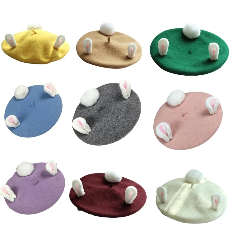 

Lovely Woolen Beret Cute Rabbit Ears Painter Hat All-match Solid Color Octagonal Hat for Halloween Christmas New Year