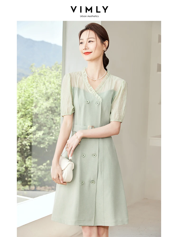

Vimly Summer Double Breasted Dresses for Women 2023 Fashion Ruffled V-neck Short Sleeve Tie Belt Straight Elegant Dress M2088
