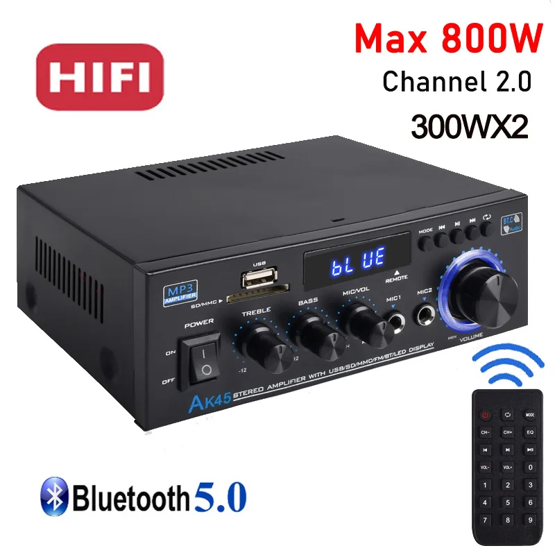 AK45 HiFi цифровой усилитель максимальная мощность 300Wx 2 канала 2.0 Bluetooth объемный звук