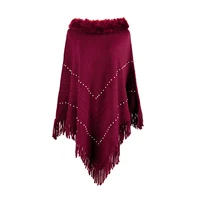 fur collar winter shawls womens fringe ponchos o neck cape coat batwing sleeve pullover cloak with rivet