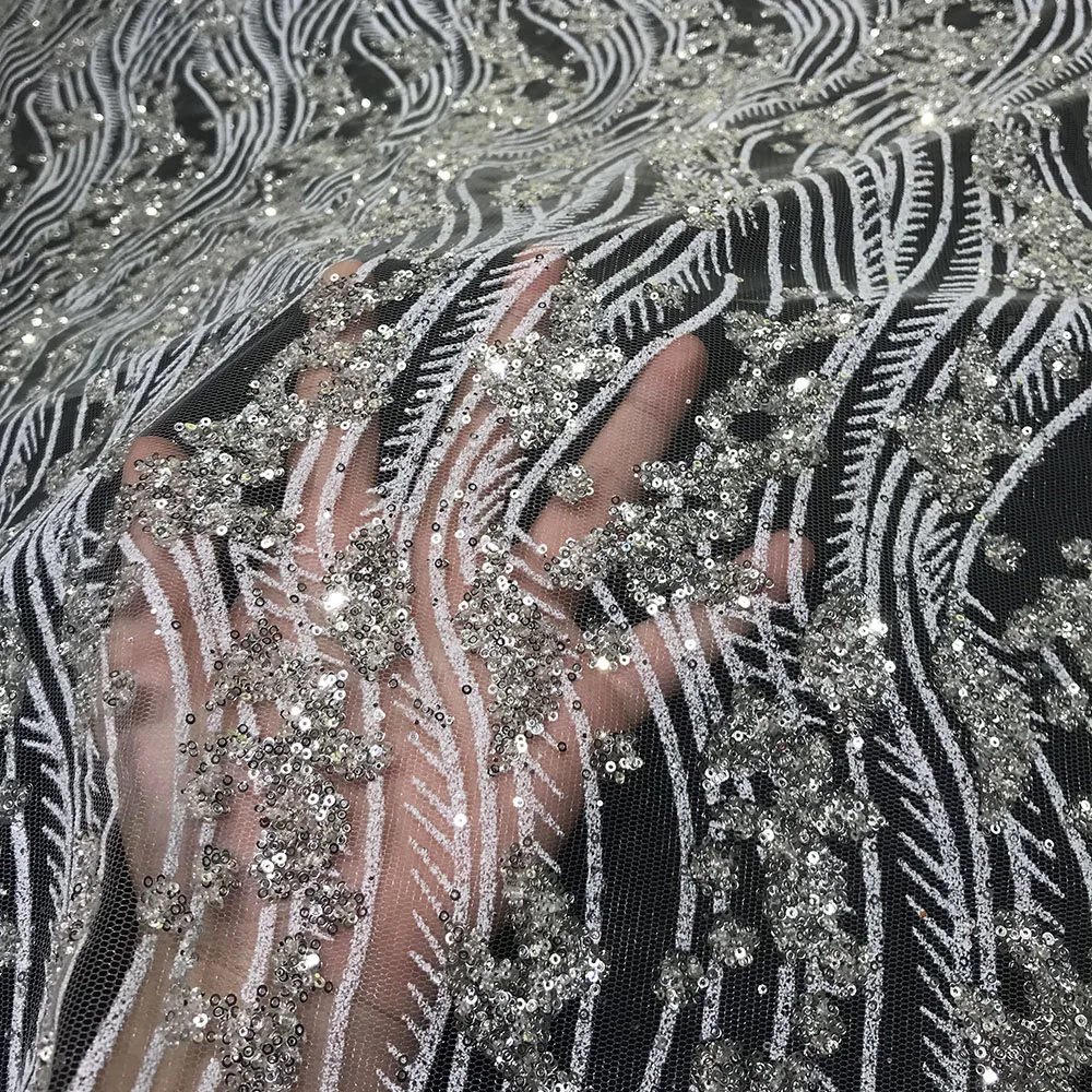 

2022 Striped Design White Wedding Dress Material High Quality Sequence Glitter Sequin Lace Fabric for Sewing Women Evening Gown