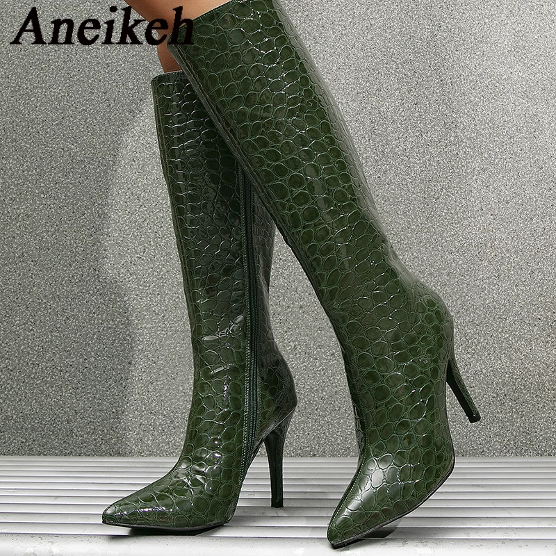 

Aneikeh 2023 Fashion Sexy Pointed Thin Heels Knee High Boots Women's Spring/Autumn PU Crocodile Sewing Chelsea Boots Party Ball