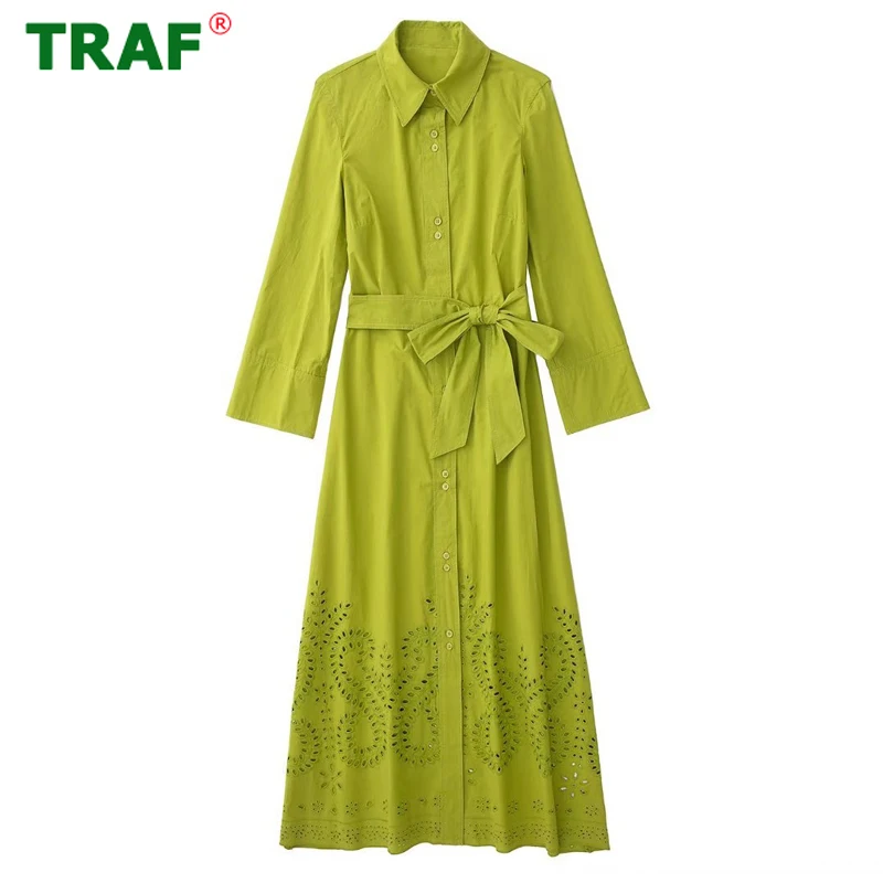 

TRAF Green Embroidery Shirt Dress Women Belt Office Midi Dress Woman Long Sleeve Summer Dresses for Women Cutwork Female Dress