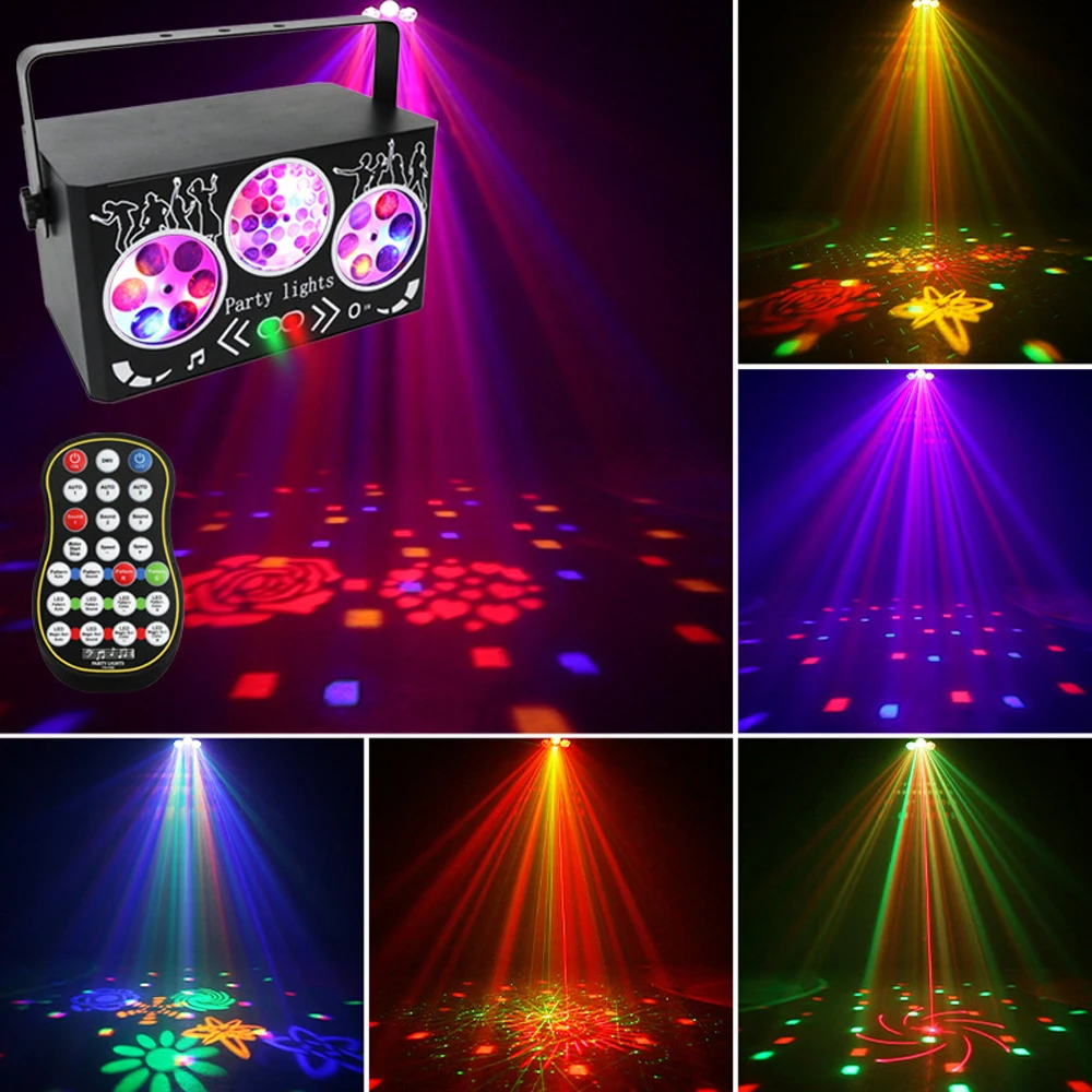 

DJ Disco Party Light 4IN1 Эффект Лазерный свет Проектор Светодиодные стробоскопы DMX Звуковая активация Калейдоскоп Шоу огни