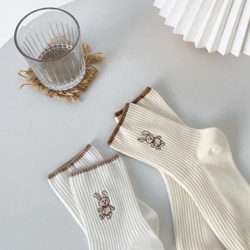 5 Pieces of Women's Socks New Fashion Cute Cotton Breathable Socks Japanese Cute Rabbit Embroidery Casual Girls Sweet Quality