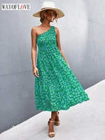 wayoflove summer holiday women folds elegant long dress party casual beach slim vestidos sexy inclined shoulder printing dresses