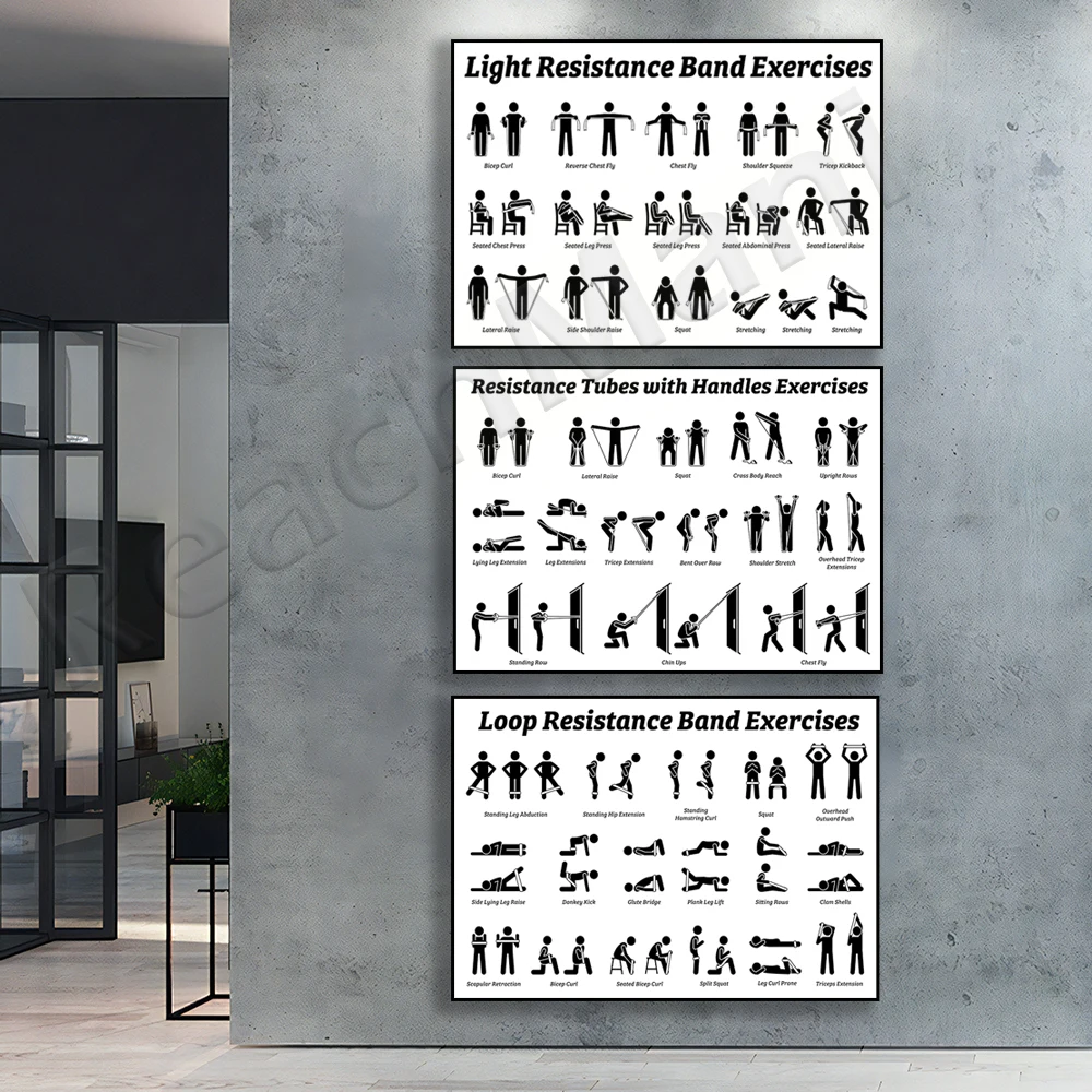 Light resistance band exercise stretching, gym workout, posture method resistance technique decor canvas print poster