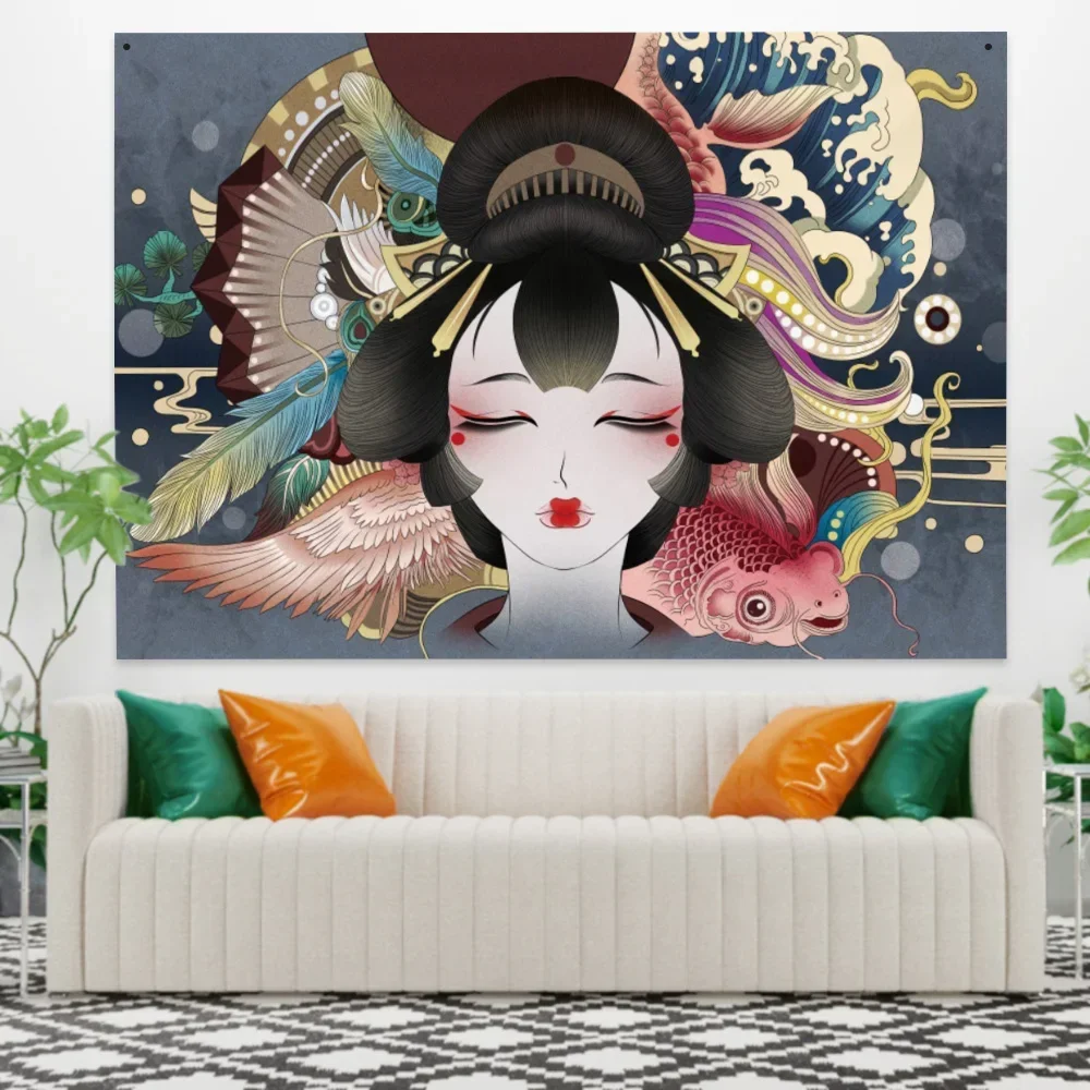 Japan Kanagawa Sea Wave Curtain Tapestry Print Geisha Boho Cloth Beautiful Woman Bedroom Home Decor Mandala Wall Hanging