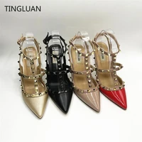 brand women sandals rivets 2022 luxury sexy pointed sandals super 6cm 8cm 10cm high heels red wedding shoes big size 44