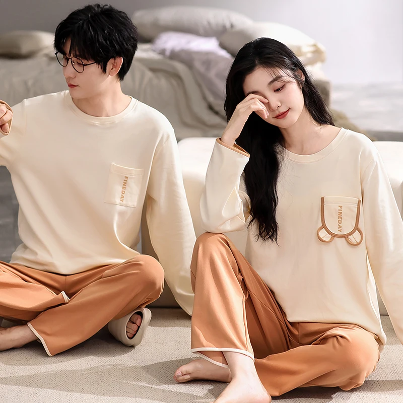 Новейший весенне-осенний пижамный комплект для пар пижама из 100% хлопка с длинным