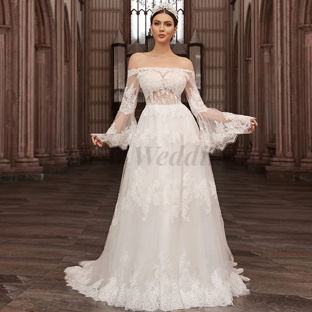 

Exquisite A-Line Lace Wedding Dresses Brides Court Train Off The Shoulder Applique Long Sleeve Strapless Backless Bridal Gowns