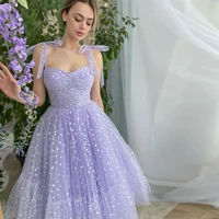 xijun lavender hearty tulle prom dresses sweetheart spaghetti straps a line wedding party dresses tea length evening gown