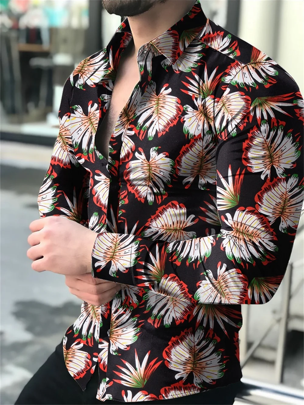 

Spring Casual Lapel Button-Up Shirts Fashion Men's 3D Digital Printing Botanical Pattern Street Long Sleeve Cardigan Shirt S-4XL