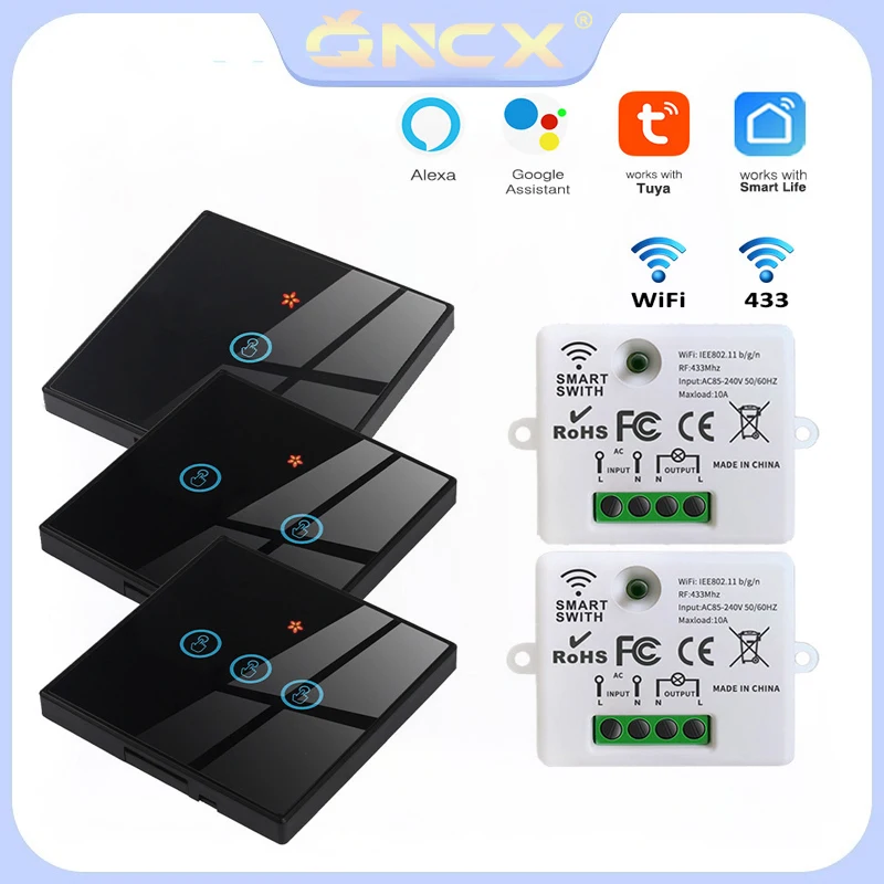 

Беспроводной смарт-переключатель QNCX с поддержкой Wi-Fi, 1/2/3 кнопок, сенсорная стеклянная панель, умный модуль для улучшения дома, Поддержка ...