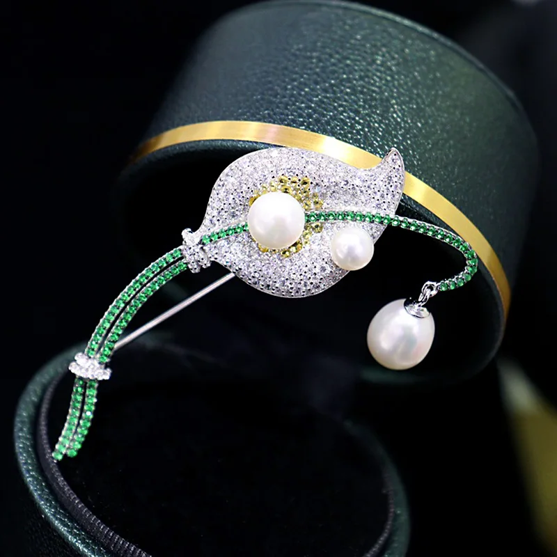 Женская Брошь из серебра 925 пробы с натуральным пресноводным жемчугом