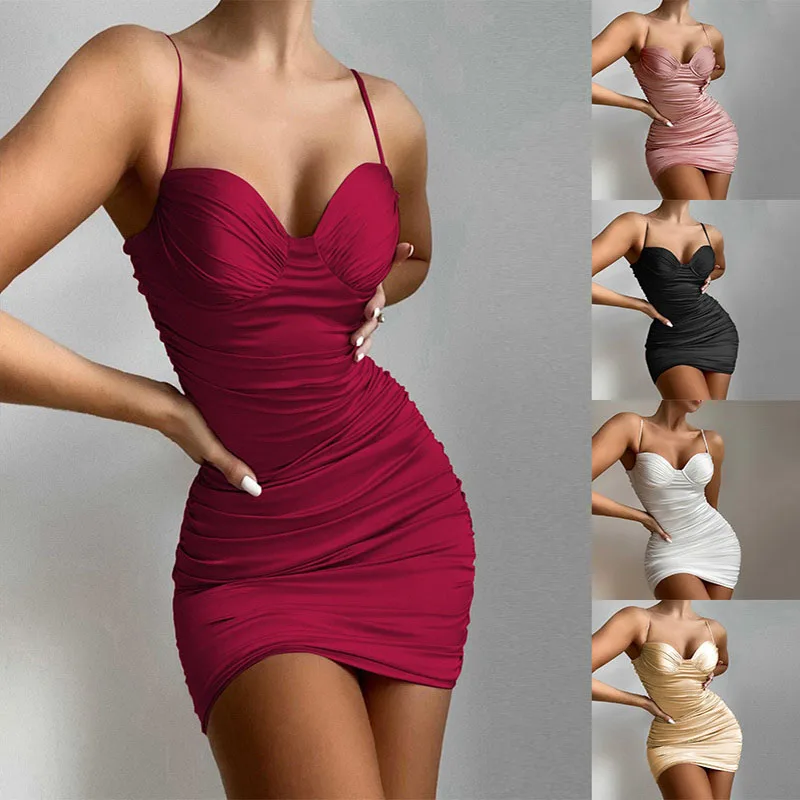 

2022 Spring and Summer New Women's Sexy and Charming Wrap Chest Suspender Skirt High Waist Open Back Pleated Hip Dress