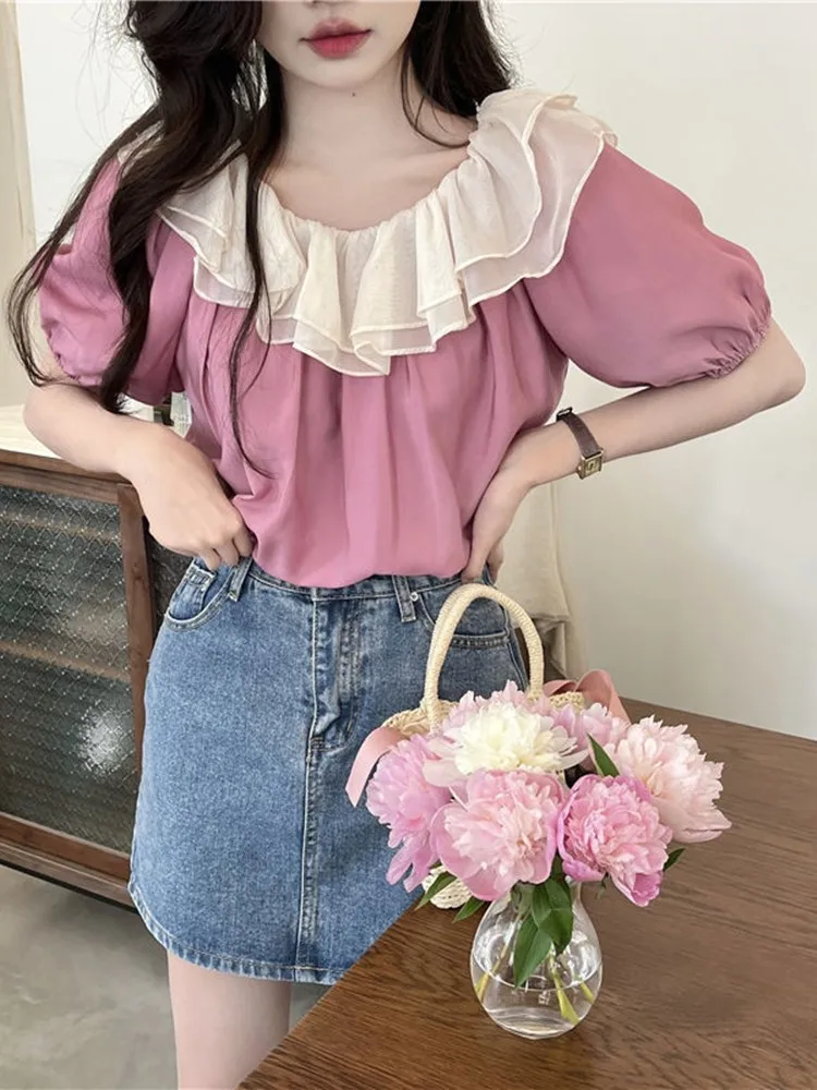 

GUUZYUVIZ French Western Style One-shoulder Puff Sleeve Shirt Female Summer Sweet Top