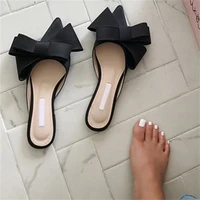 new korean style silk satin pointed baotou half slippers womens 2022 spring and summer bow flat heel muller shoes large