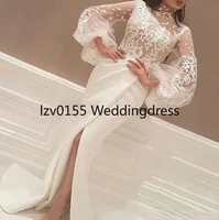 evening dresses charming arabic high collar illusion lace appliques white mermaid long sleeves formal party dress prom gowns