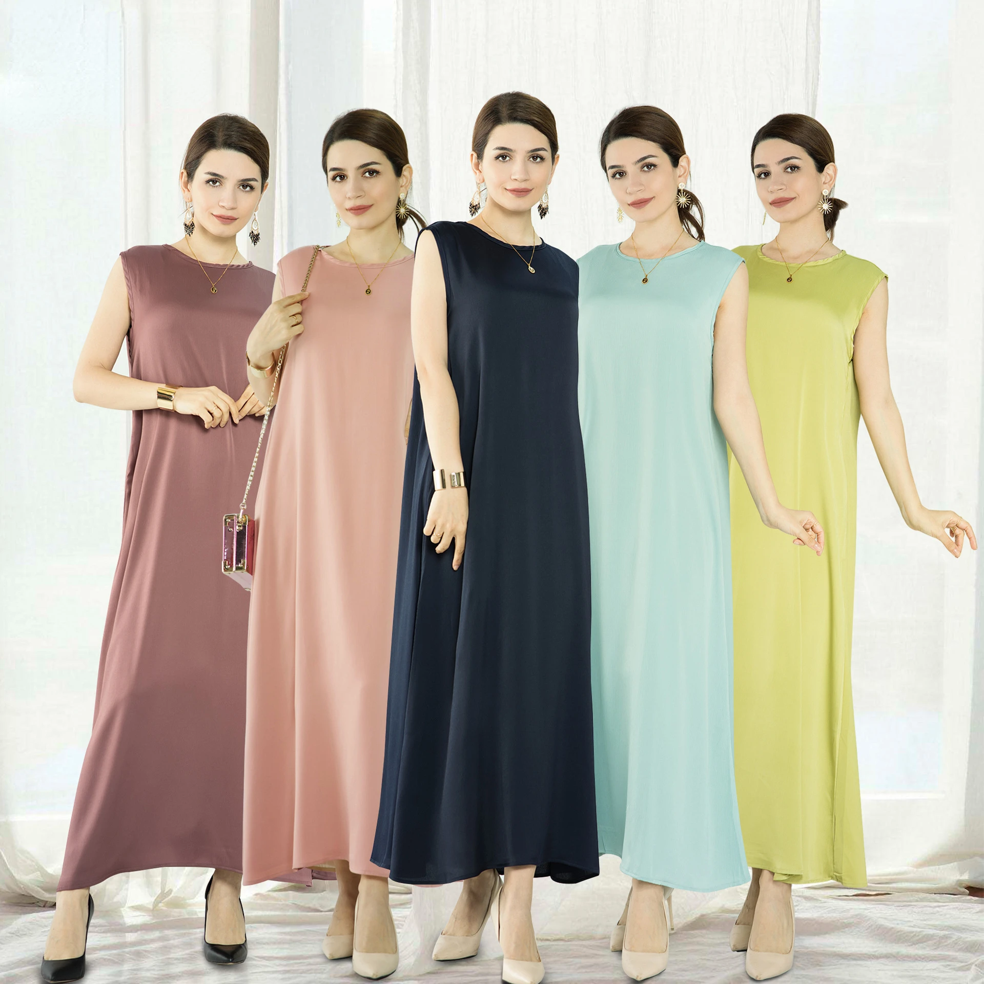 

2023 Middle East Türkiye Dubai Solid Base Sleeveless Dress Solid Color Abayas for Women Vistidos Musulmana Robe Elegante Femme