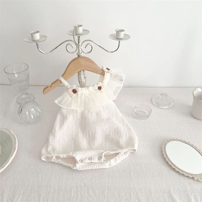 

Infant Newborn Baby Girl Summer Outfit Ruffle Strap Romper One Shoulder Bubble Crochet Flower Pleated Bodysuit