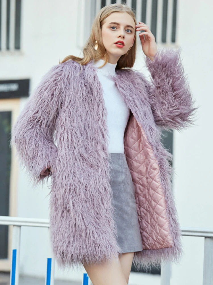 Elegany Faux Fur Wool Purple Mid-length Coat Women 2022 Winter Ladies Furry Thick Warm Office Coats Casual High Street Outwear