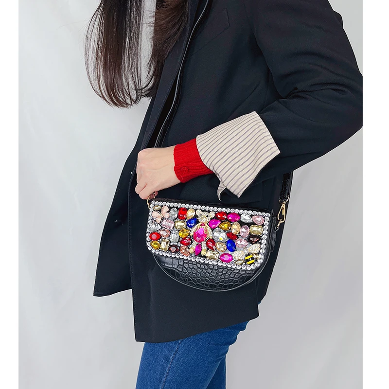 Colorful Rhinestone Purses and Handbags for Women Designer Half Moon Purses Party Clutch Chic Shouder Bag Cross Body Pu Leather