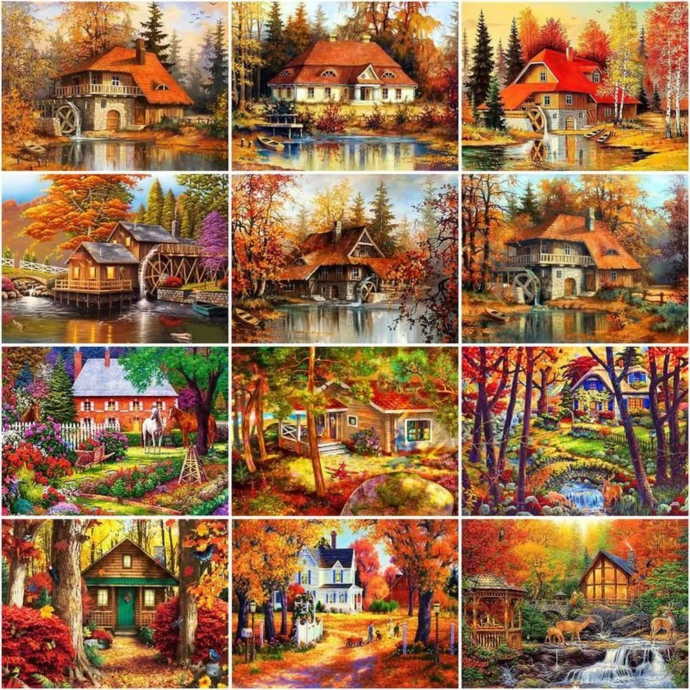 

Раскраска по номерам на раме «сделай сам», пейзаж, домики с леса, масляная живопись, Осенний пейзаж, рисунок на холсте, украшение для дома, подарки