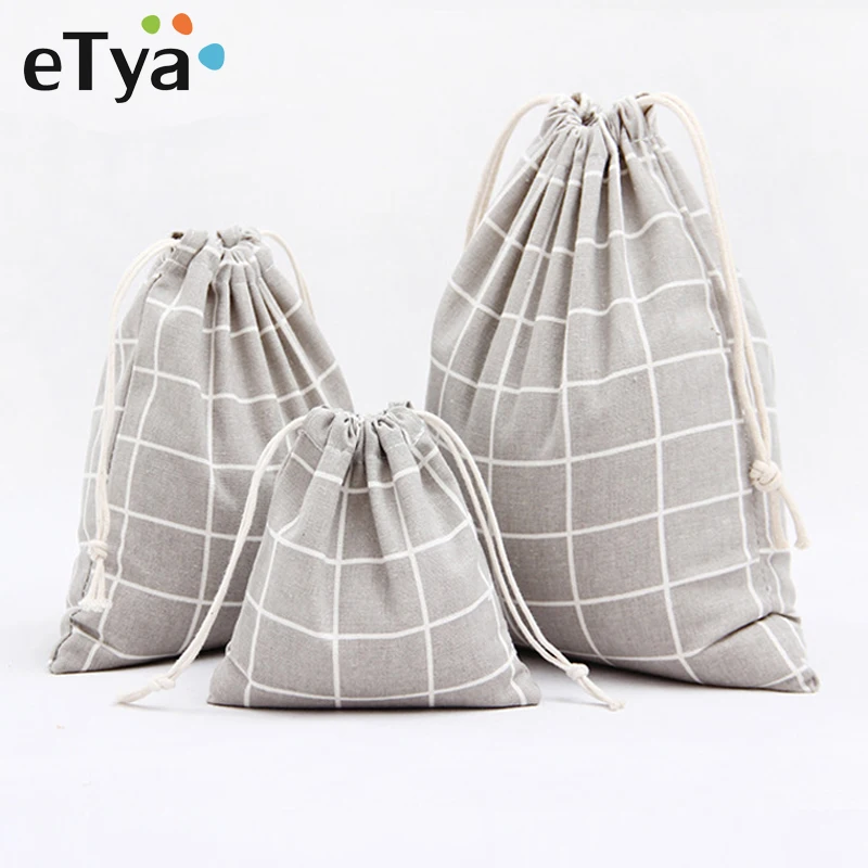 eTya Plaid Cotton Drawstring Bag Men Women Travel organizer Clothe Shoes Packing Pouch Home Storage Shopping bag Tote Set Hot