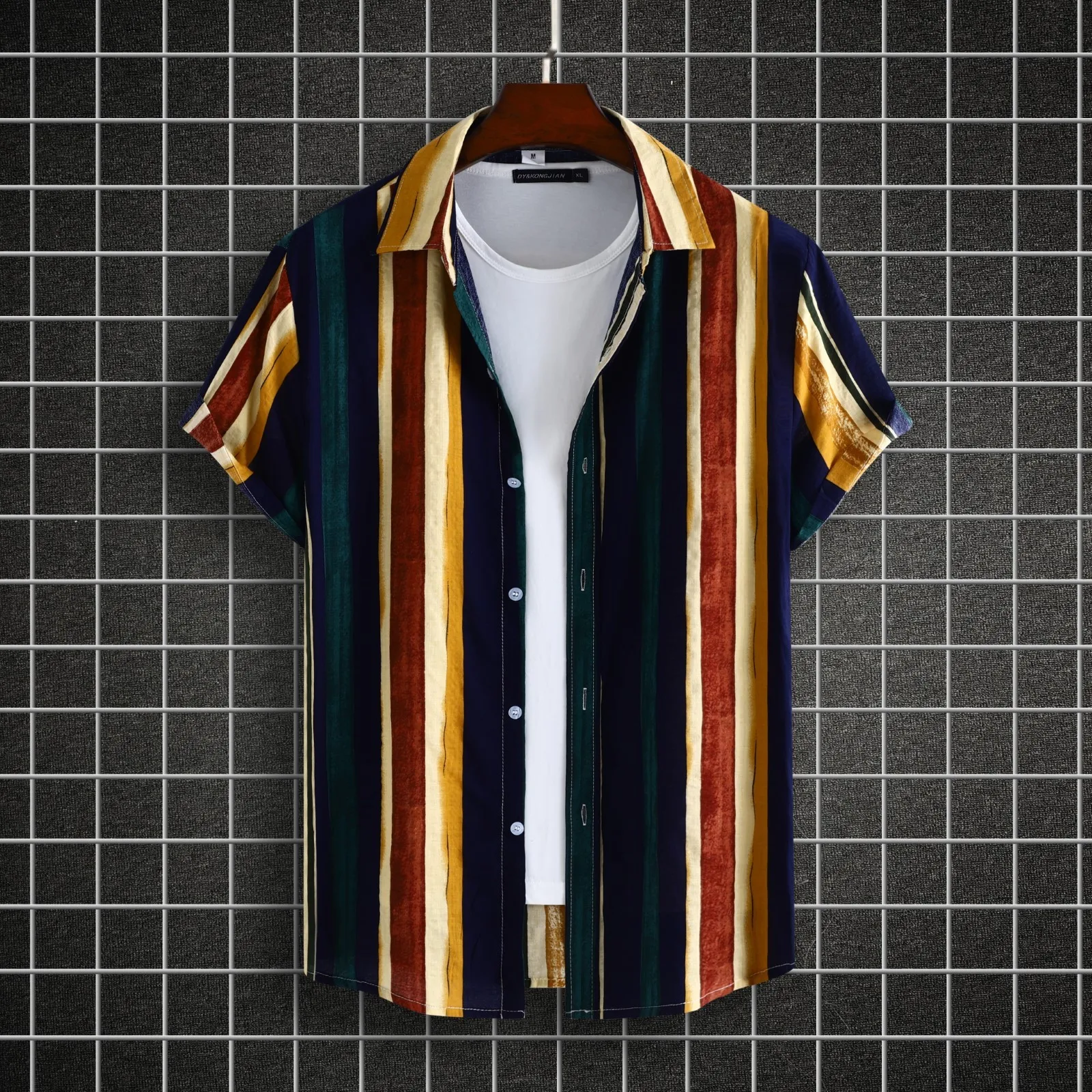 

Casual Loose Cardiagn Color Block Button Shirt Multicolor Men's Shirts Lapel Collar Camisas Hombre Short Sleeve Blusas Outfits