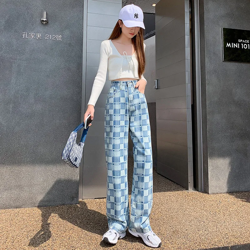 Jogger Plaid Ladies Jeans Summer Harajuku Fashion Plaid Pattern Loose Casual Blue Wide Leg Jeans Men's Overalls Streetwear 2021