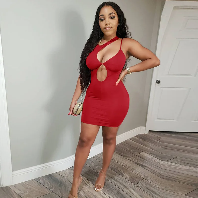

One Shoulder Sleeveless Hollow Out Irregular Mini Dress Sexy Skinny 2022 Summer Women Streetwear Party Outfits