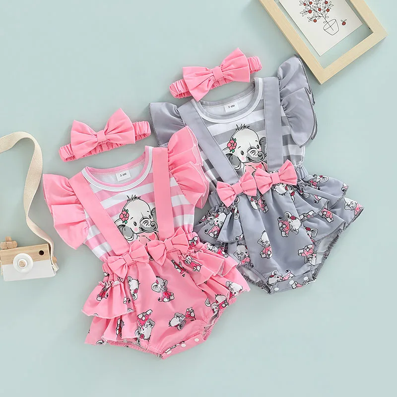 

Infant Girl 2Pcs Outfit Pleated Fly Sleeves Cartoon Print Patchwork Striped Romper Bow Headband Baby Clothing