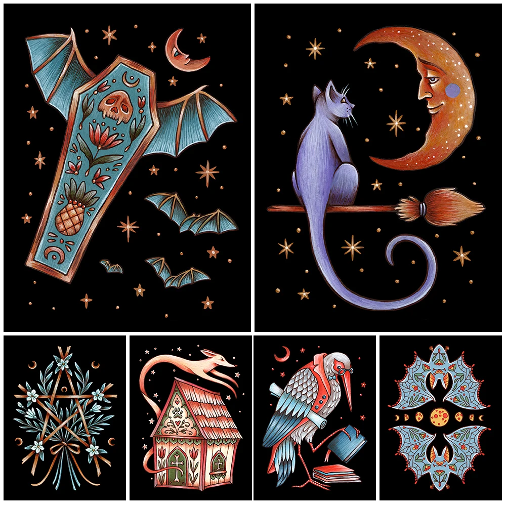 

Anatomical Heart And Crescent Moon Cat Gothic Witch Art Poster And Print Witchy Pentagram Wall Art Canvas Painting Decoration