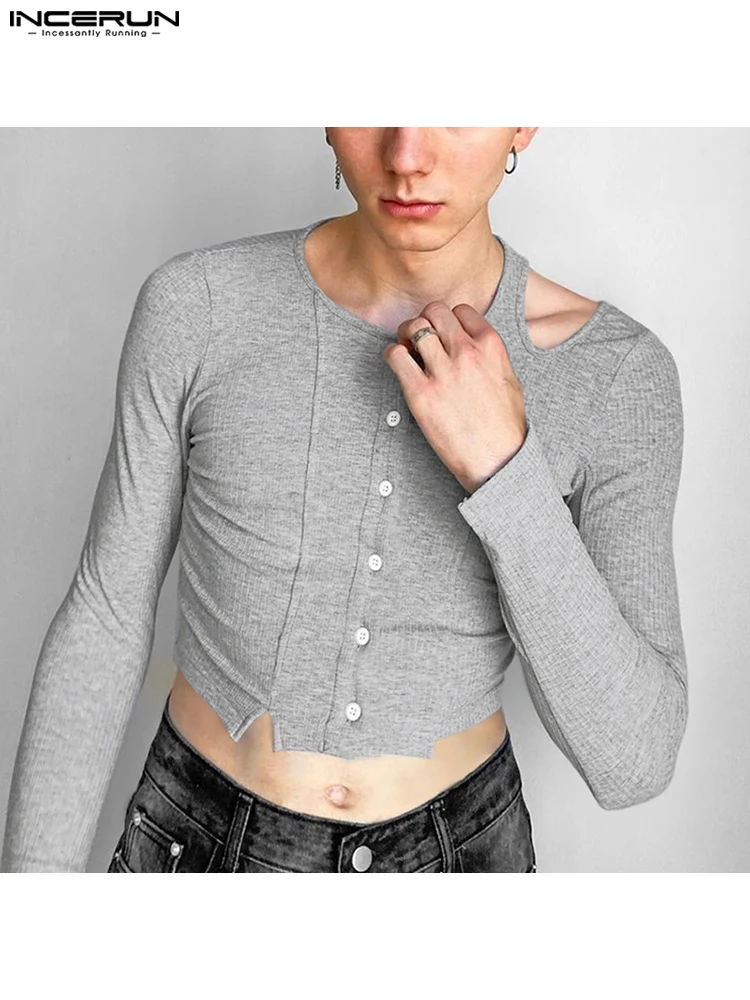 

INCERUN Men T Shirts Solid Color O-neck Long Sleeve Hollow Out Sexy Streetwear Crop Tops Men 2022 Button Casual Camisetas 5XL