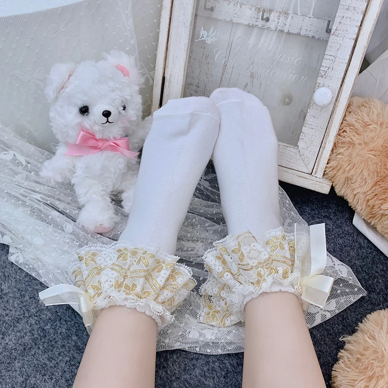 Calcetín japonés Lolita amarillo dorado 100% algodón estilo francés, medias de encaje para pastel, mucama, calcetines de tubo Cos LO, accesorios
