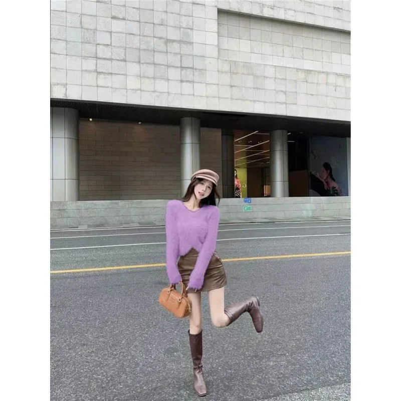 Укороченный норковый свитер с перекрестными воротниками для женщин мягкий